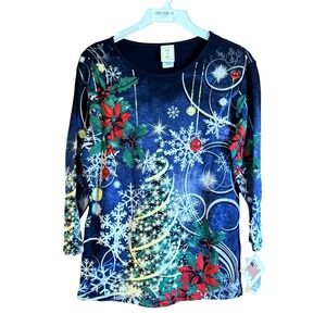 Jess & Jane Christmas Joy Top Women S Navy NWT Holiday Poinsettia 3/4 Sleeve